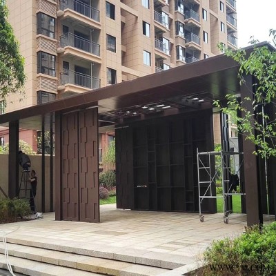 粵藝佰景觀亭3mm厚鋁單板 ，小區廊架裝飾古銅色鋁板定制，包鋼構廊架咖啡色鋁單板廠家免費設計